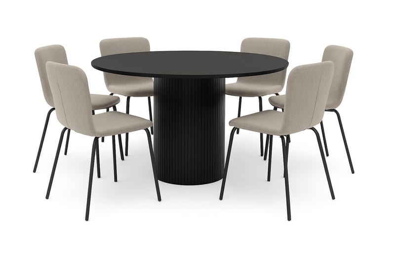 Kopparbo Rundt Spisebord 130 cm med 6 Katy Spisestole, Sort træ / Greige Bouclé / Metalben Sort