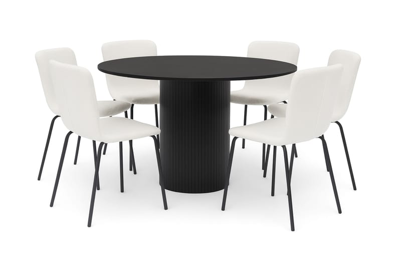 Kopparbo Rundt Spisebord 130 cm med 6 Katy Spisestole, Sort træ / Hvid Bouclé / Metalben Sort