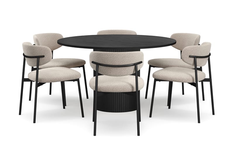 Kopparbo Rundt Spisebord 130 cm med 6 Lucy Spisestole - Sort træ / Greige Bouclé / Metalben Sort - Møbler - Borde - Spisebordssæt