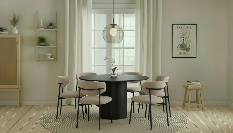 Kopparbo Rundt Spisebord 130 cm med 6 Lucy Spisestole - Sort træ / Greige Bouclé / Metalben Sort - Møbler - Borde - Spisebordssæt