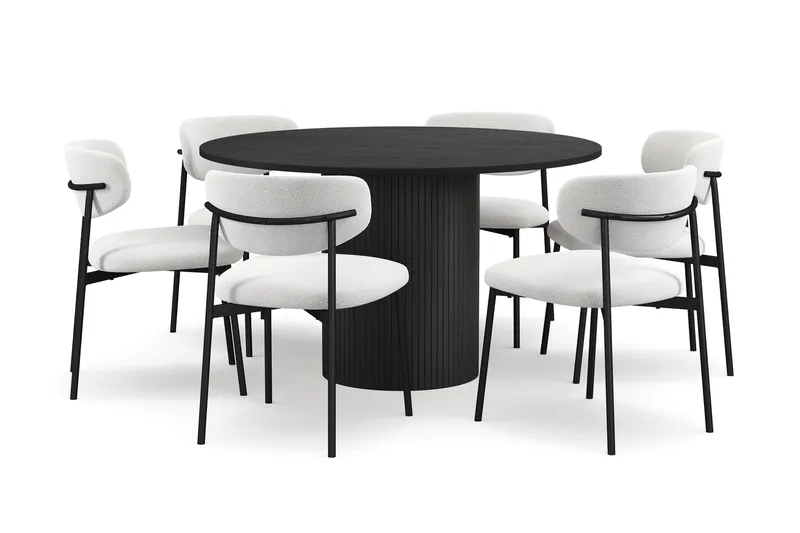 Kopparbo Rundt Spisebord 130 cm med 6 Lucy Spisestole, Sort træ / Hvid Bouclé / Metalben Sort