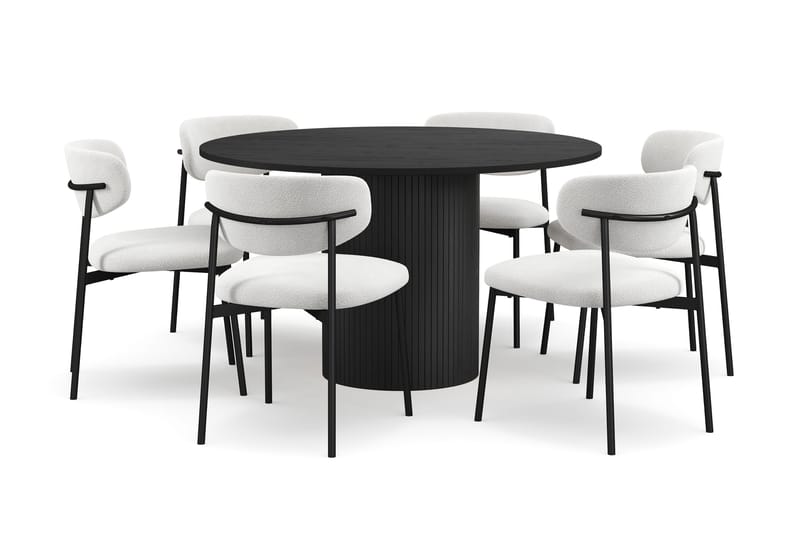 Kopparbo Rundt Spisebord 130 cm med 6 Lucy Spisestole, Sort træ / Hvid Bouclé / Metalben Sort