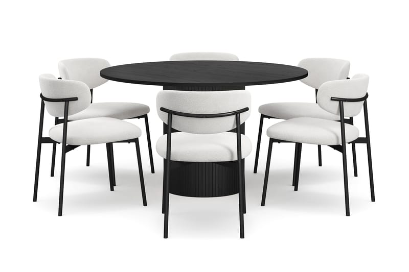 Kopparbo Rundt Spisebord 130 cm med 6 Lucy Spisestole - Sort træ / Hvid Bouclé / Metalben Sort - Møbler - Borde - Spisebordssæt