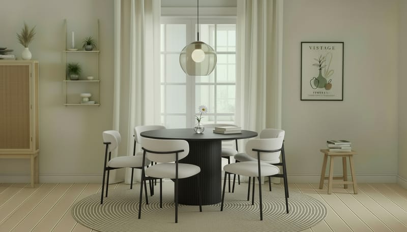 Kopparbo Rundt Spisebord 130 cm med 6 Lucy Spisestole - Sort træ / Hvid Bouclé / Metalben Sort - Møbler - Borde - Spisebordssæt