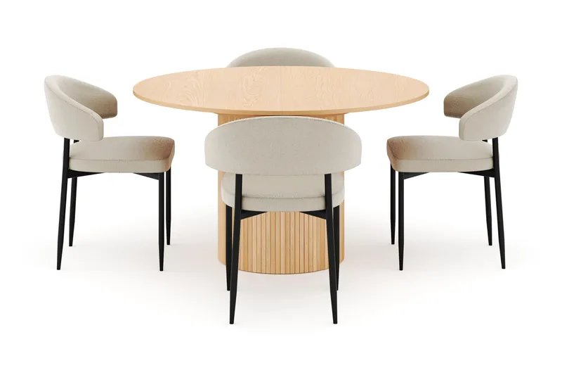 Kopparbo Rundt Spisebord 130 cm Udtrækkeligt med 4 Sawako Stole - Hvid - Møbler - Borde - Spisebordssæt