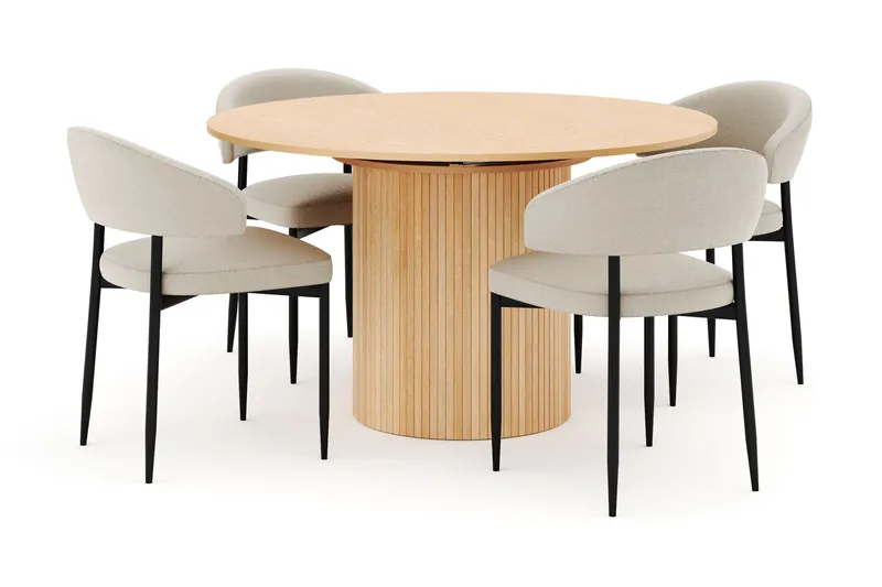 Kopparbo Rundt Spisebord 130 cm Udtrækkeligt med 4 Sawako Stole - Hvid - Møbler - Borde - Spisebordssæt