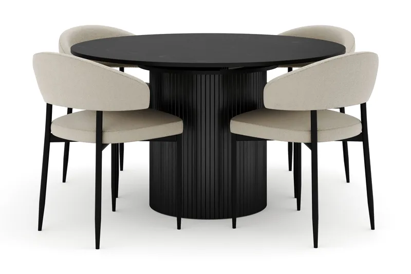 Kopparbo Rundt Spisebord 130 cm Udtrækkeligt med 4 Sawako Stole, Sort