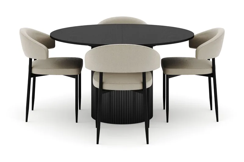 Kopparbo Rundt Spisebord 130 cm Udtrækkeligt med 4 Sawako Stole - Sort - Møbler - Borde - Spisebordssæt