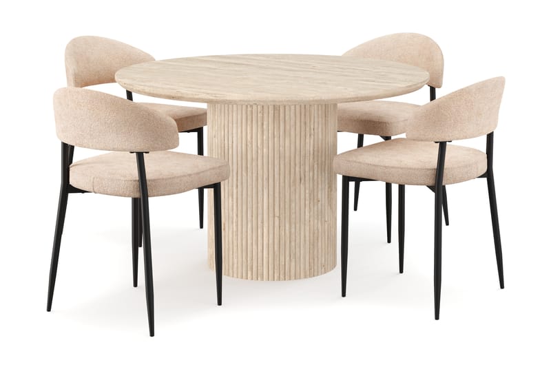 Kopparbo Rundt Spisebord 130cm Travertin-look med 4 stk Jairam Matstkolar - Beige - Møbler - Borde - Spisebordssæt