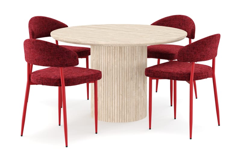 Kopparbo Rundt Spisebord 130cm Travertin-look med 4 stk Jairam Matstkolar - Beige - Møbler - Borde - Spisebordssæt