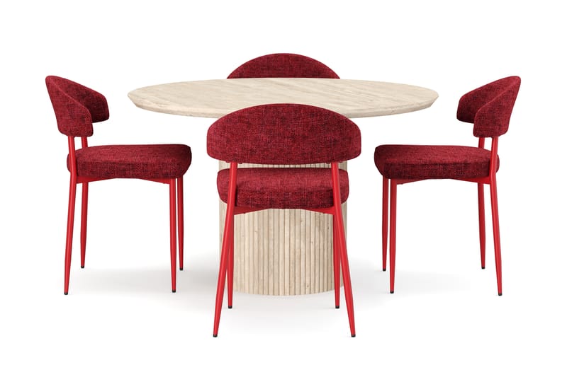 Kopparbo Rundt Spisebord 130cm Travertin-look med 4 stk Jairam Matstkolar - Beige - Møbler - Borde - Spisebordssæt