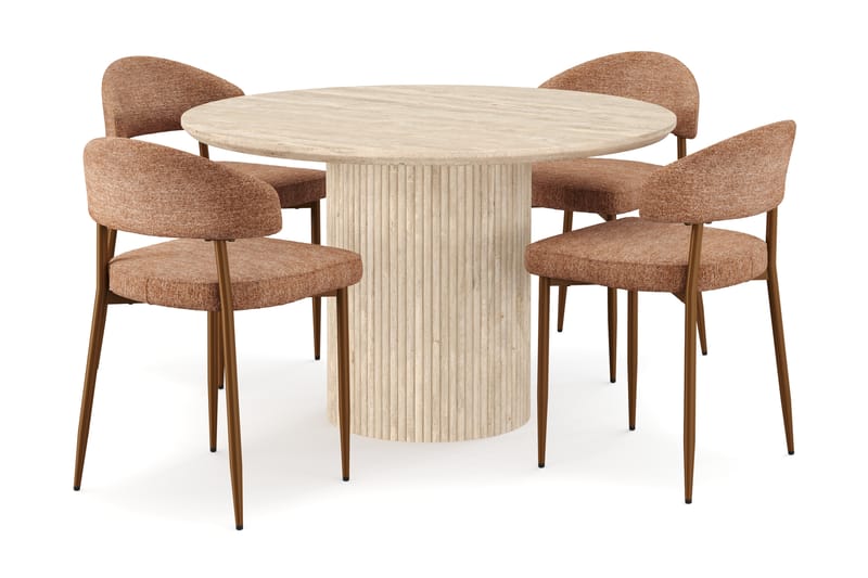 Kopparbo Rundt Spisebord 130cm Travertin-look med 4 stk Jairam Matstkolar - Beige - Møbler - Borde - Spisebordssæt