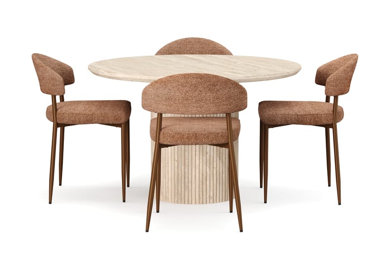 Kopparbo Rundt Spisebord 130cm Travertin-look med 4 stk Jairam Matstkolar - Beige - Møbler - Borde - Spisebordssæt