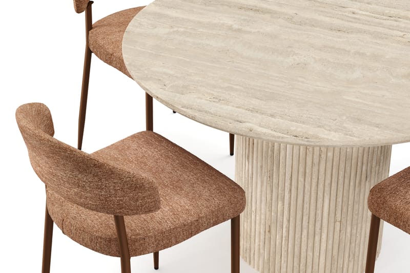 Kopparbo Rundt Spisebord 130cm Travertin-look med 4 stk Jairam Matstkolar - Beige - Møbler - Borde - Spisebordssæt