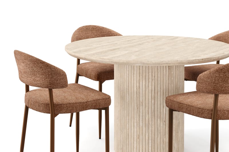 Kopparbo Rundt Spisebord 130cm Travertin-look med 4 stk Jairam Matstkolar - Beige - Møbler - Borde - Spisebordssæt