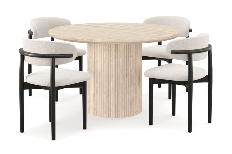 Kopparbo Rundt Spisebord 130cm Travertin-look med 4 stk Jaiveer Matstkolar - Beige - Møbler - Borde - Spisebordssæt