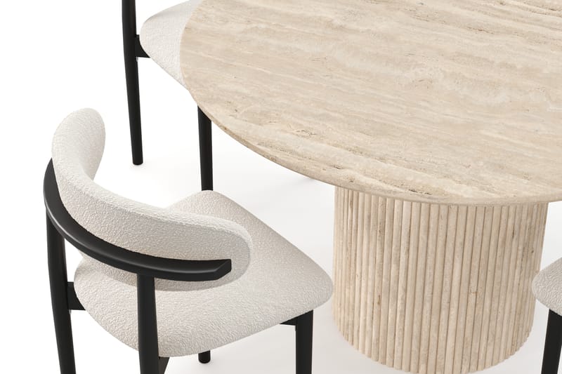 Kopparbo Rundt Spisebord 130cm Travertin-look med 4 stk Jaiveer Matstkolar - Beige - Møbler - Borde - Spisebordssæt