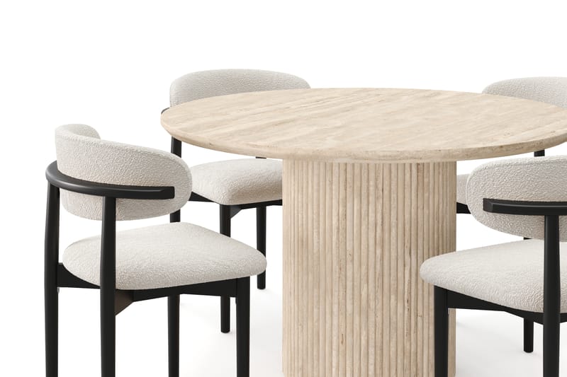 Kopparbo Rundt Spisebord 130cm Travertin-look med 4 stk Jaiveer Matstkolar - Beige - Møbler - Borde - Spisebordssæt