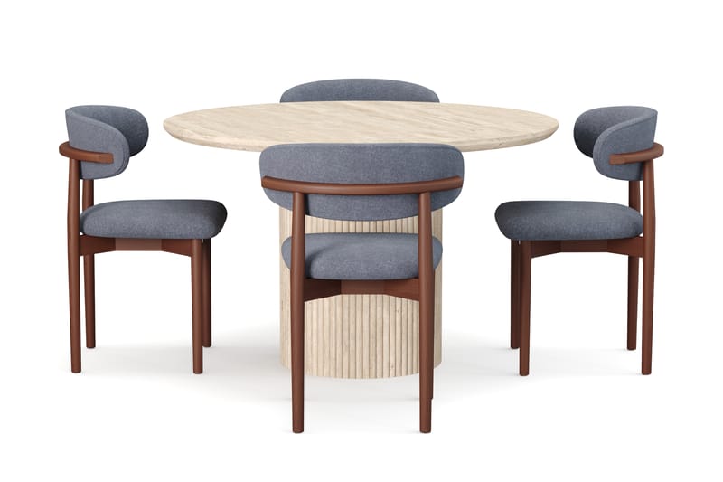 Kopparbo Rundt Spisebord 130cm Travertin-look med 4 stk Jaiveer Matstkolar - Beige - Møbler - Borde - Spisebordssæt