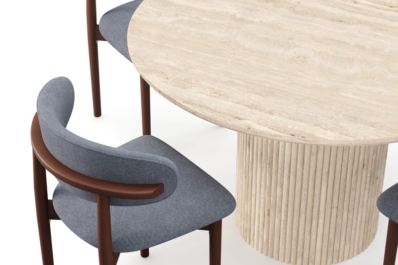 Kopparbo Rundt Spisebord 130cm Travertin-look med 4 stk Jaiveer Matstkolar - Beige - Møbler - Borde - Spisebordssæt