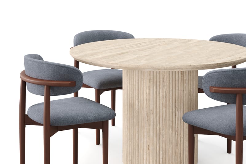 Kopparbo Rundt Spisebord 130cm Travertin-look med 4 stk Jaiveer Matstkolar - Beige - Møbler - Borde - Spisebordssæt