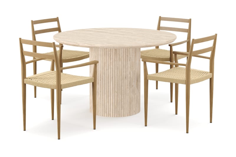 Kopparbo Rundt Spisebord 130cm Travertin-look med 4 stk Jamna Karmstkolar - Beige - Møbler - Borde - Spisebordssæt