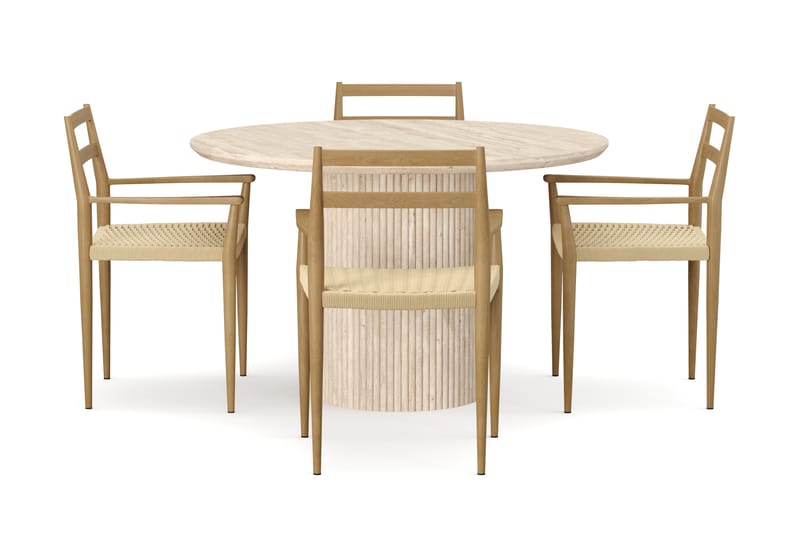 Kopparbo Rundt Spisebord 130cm Travertin-look med 4 stk Jamna Karmstkolar - Beige - Møbler - Borde - Spisebordssæt
