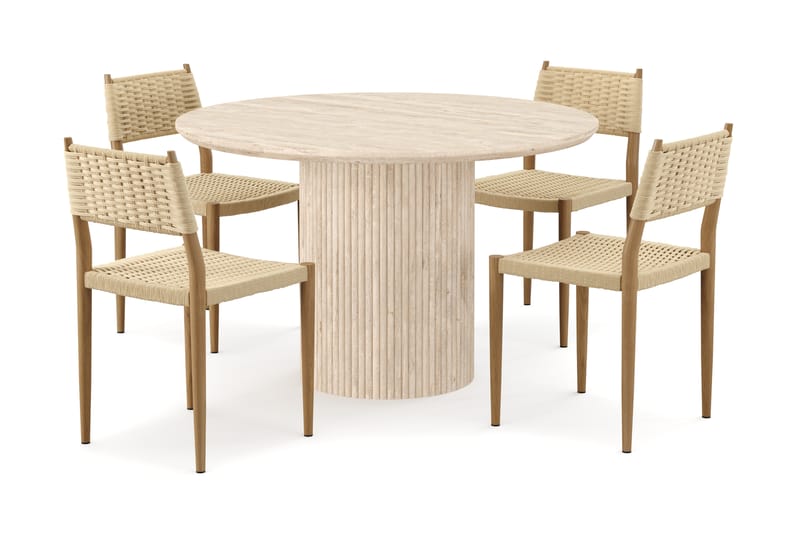 Kopparbo Rundt Spisebord 130cm Travertin-look med 4 stk Jamna Matstkolar - Beige - Møbler - Borde - Spisebordssæt