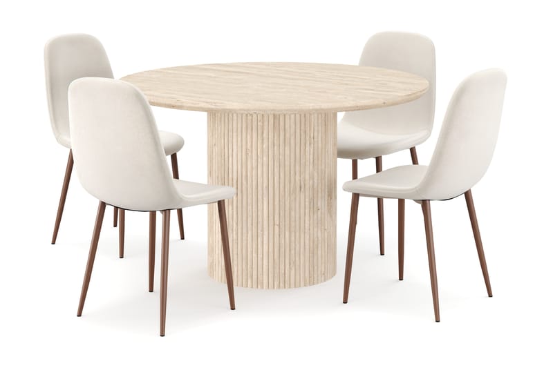 Kopparbo Rundt Spisebord 130cm Travertin-look med 4 stk Nibe Matstkolar - Beige - Møbler - Borde - Spisebordssæt