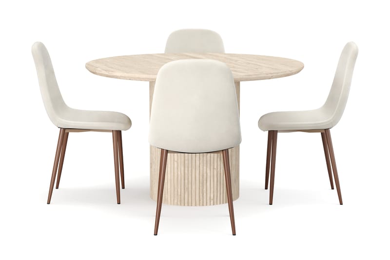 Kopparbo Rundt Spisebord 130cm Travertin-look med 4 stk Nibe Matstkolar - Beige - Møbler - Borde - Spisebordssæt
