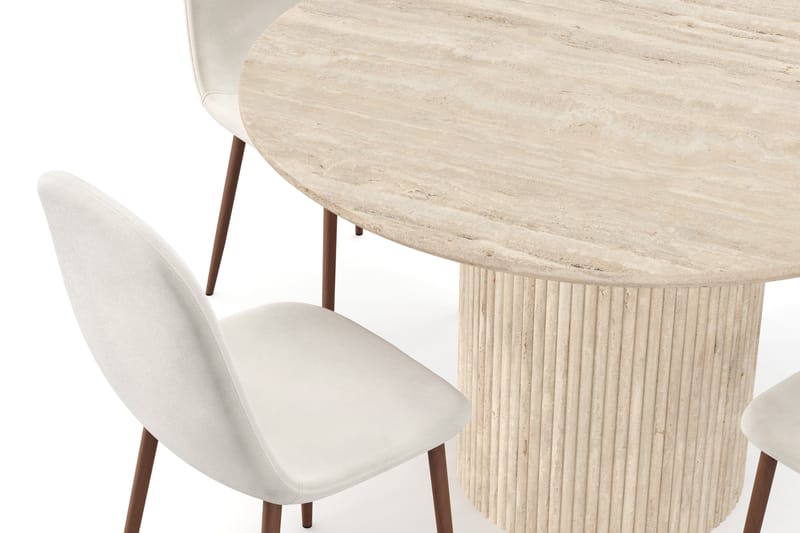 Kopparbo Rundt Spisebord 130cm Travertin-look med 4 stk Nibe Matstkolar - Beige - Møbler - Borde - Spisebordssæt