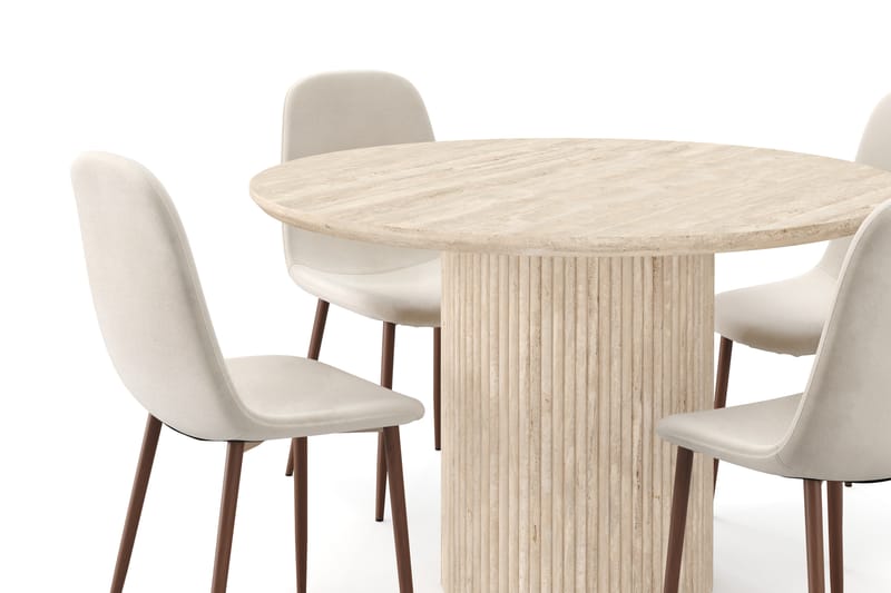 Kopparbo Rundt Spisebord 130cm Travertin-look med 4 stk Nibe Matstkolar - Beige - Møbler - Borde - Spisebordssæt