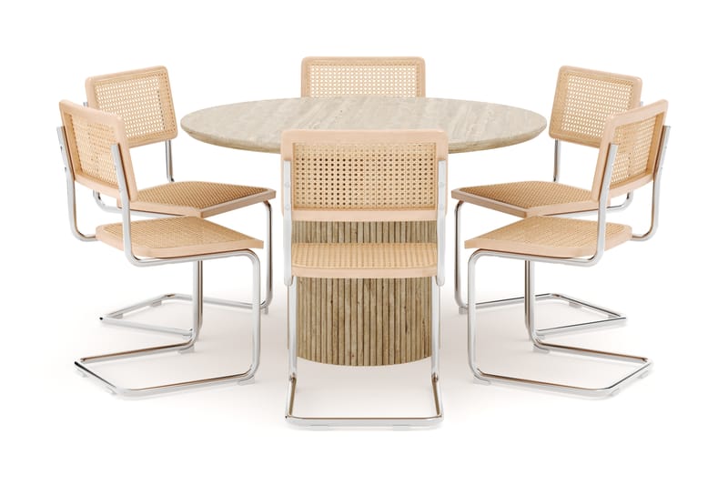 Kopparbo Rundt Spisebord 130cm Travertin-look med 6 stk Build Matstkolar - Beige - Møbler - Borde - Spisebordssæt
