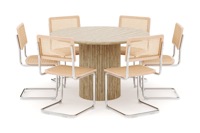 Kopparbo Rundt Spisebord 130cm Travertin-look med 6 stk Build Matstkolar - Beige - Møbler - Borde - Spisebordssæt