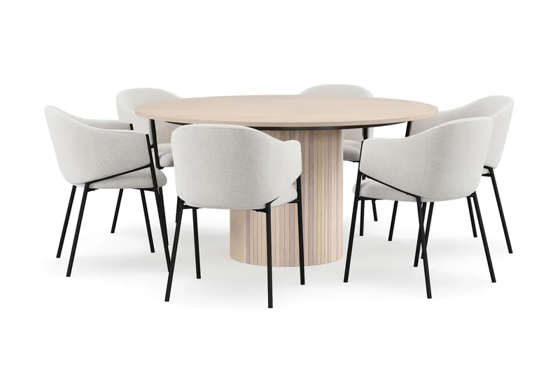 Kopparbo Rundt Spisebord 150 cm med 6 Filip Spisestole, Hvid / Hvid Bouclé