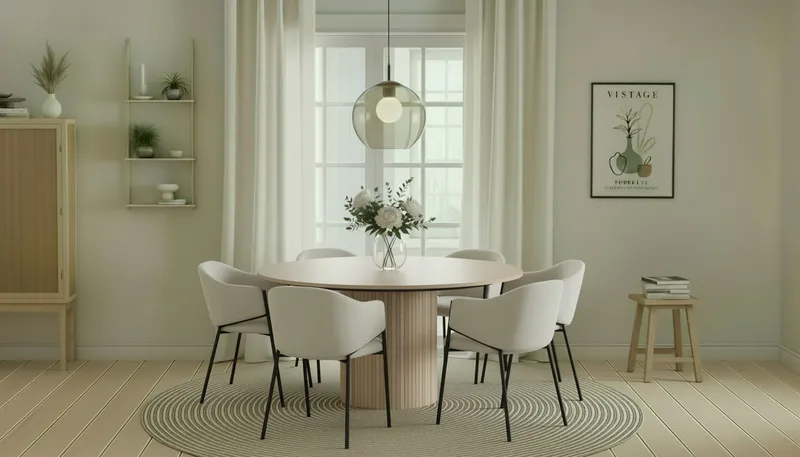 Kopparbo Rundt Spisebord 150 cm med 6 Filip Spisestole - Hvid / Hvid Bouclé - Møbler - Borde - Spisebordssæt