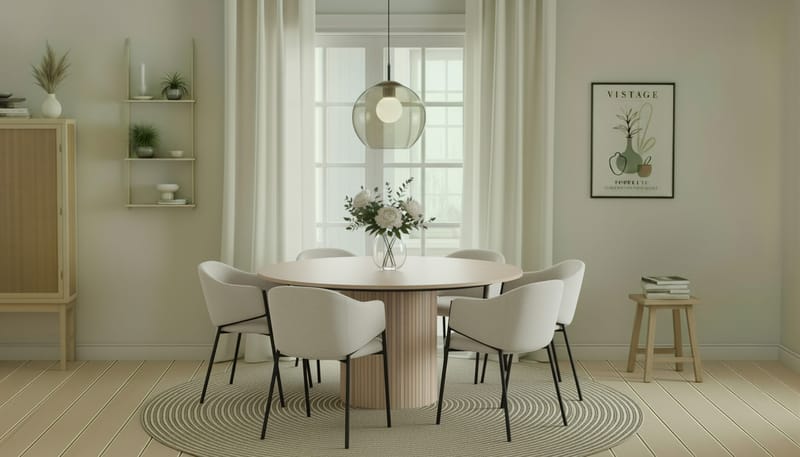 Kopparbo Rundt Spisebord 150 cm med 6 Filip Spisestole - Hvid / Hvid Bouclé - Møbler - Borde - Spisebordssæt