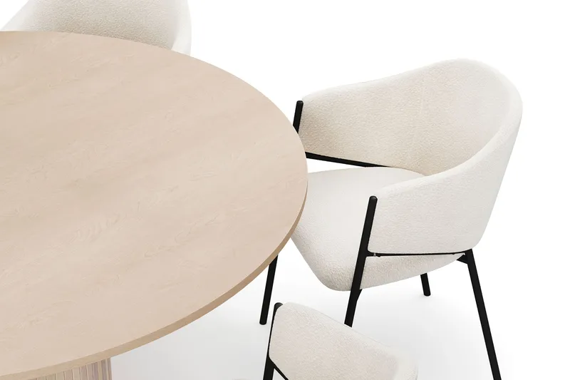 Kopparbo Rundt Spisebord 150 cm med 6 Filip Spisestole - Hvid / Hvid Bouclé - Møbler - Borde - Spisebordssæt
