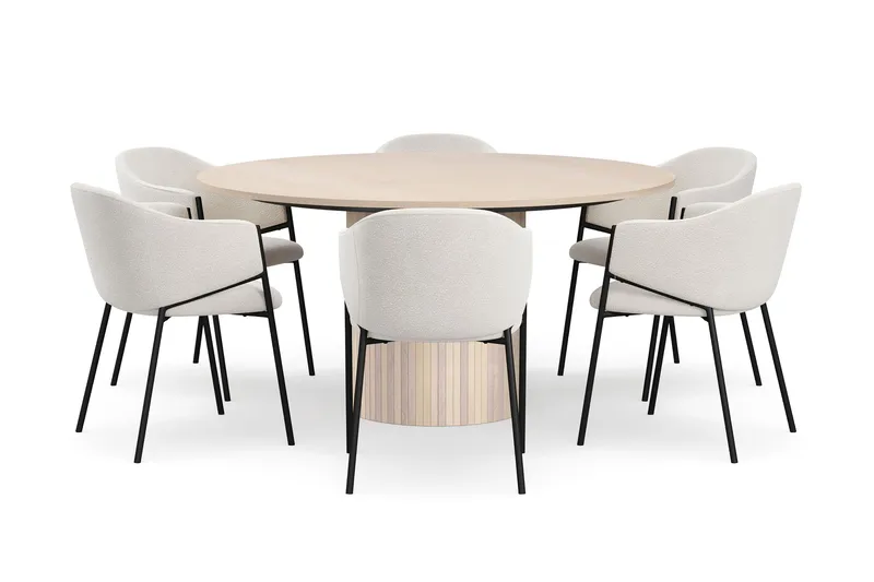 Kopparbo Rundt Spisebord 150 cm med 6 Filip Spisestole - Hvid / Hvid Bouclé - Møbler - Borde - Spisebordssæt