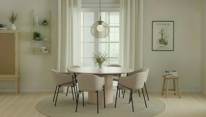 Kopparbo Rundt Spisebord 150 cm med 6 Filip Spisestole - Hvid / Taupe Bouclé - Møbler - Borde - Spisebordssæt