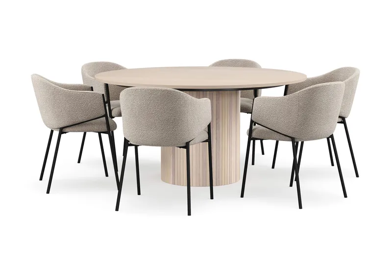 Kopparbo Rundt Spisebord 150 cm med 6 Filip Spisestole, Hvid / Taupe Bouclé