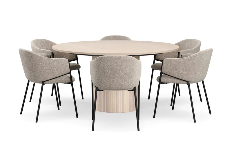 Kopparbo Rundt Spisebord 150 cm med 6 Filip Spisestole - Hvid / Taupe Bouclé - Møbler - Borde - Spisebordssæt