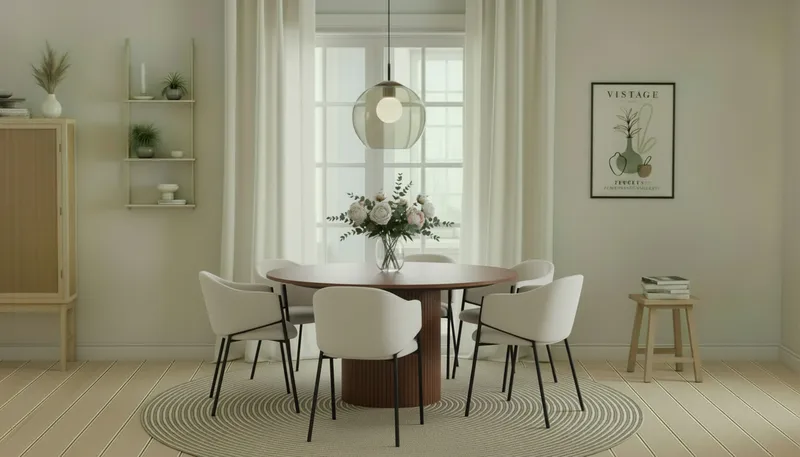 Kopparbo Rundt Spisebord 150 cm med 6 Filip Spisestole - Valnød / Hvid Bouclé - Møbler - Borde - Spisebordssæt