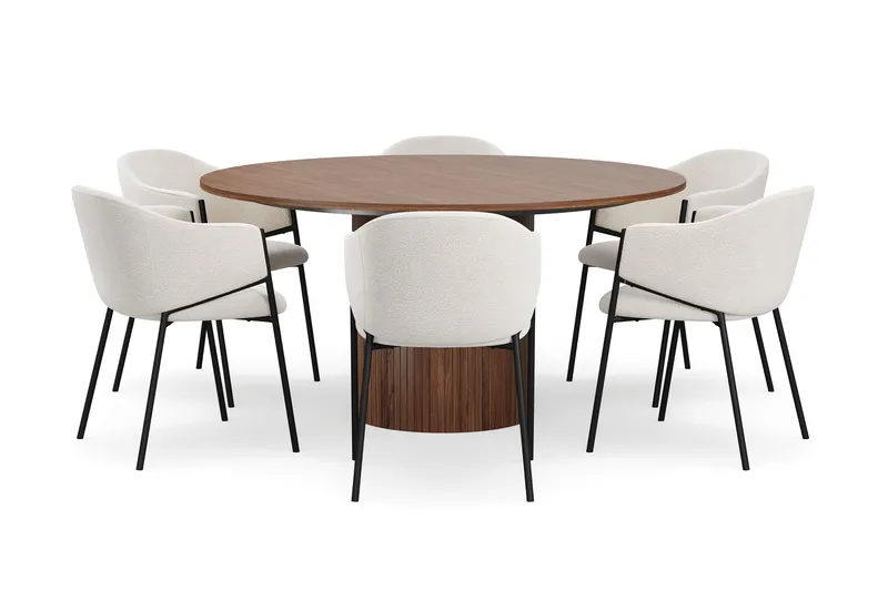 Kopparbo Rundt Spisebord 150 cm med 6 Filip Spisestole - Valnød / Hvid Bouclé - Møbler - Borde - Spisebordssæt