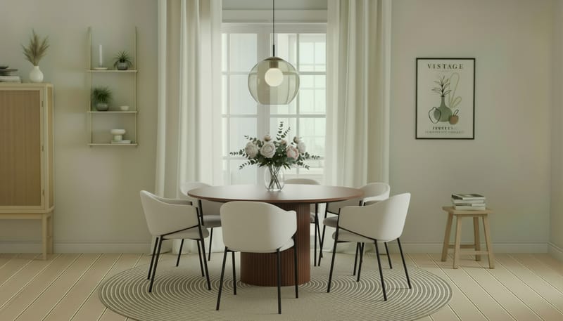 Kopparbo Rundt Spisebord 150 cm med 6 Filip Spisestole - Valnød / Hvid Bouclé - Møbler - Borde - Spisebordssæt