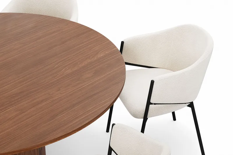 Kopparbo Rundt Spisebord 150 cm med 6 Filip Spisestole - Valnød / Hvid Bouclé - Møbler - Borde - Spisebordssæt