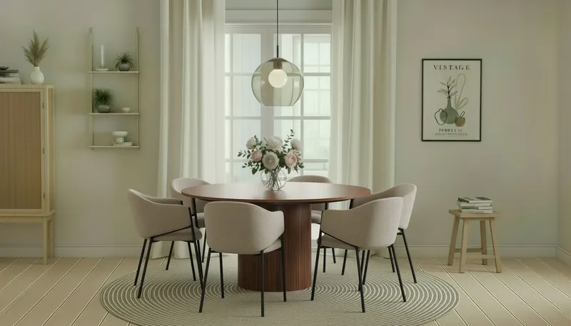 Kopparbo Rundt Spisebord 150 cm med 6 Filip Spisestole - Valnød / Taupe Bouclé - Møbler - Borde - Spisebordssæt