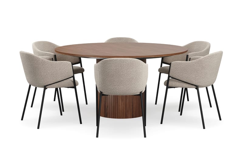 Kopparbo Rundt Spisebord 150 cm med 6 Filip Spisestole - Valnød / Taupe Bouclé - Møbler - Borde - Spisebordssæt