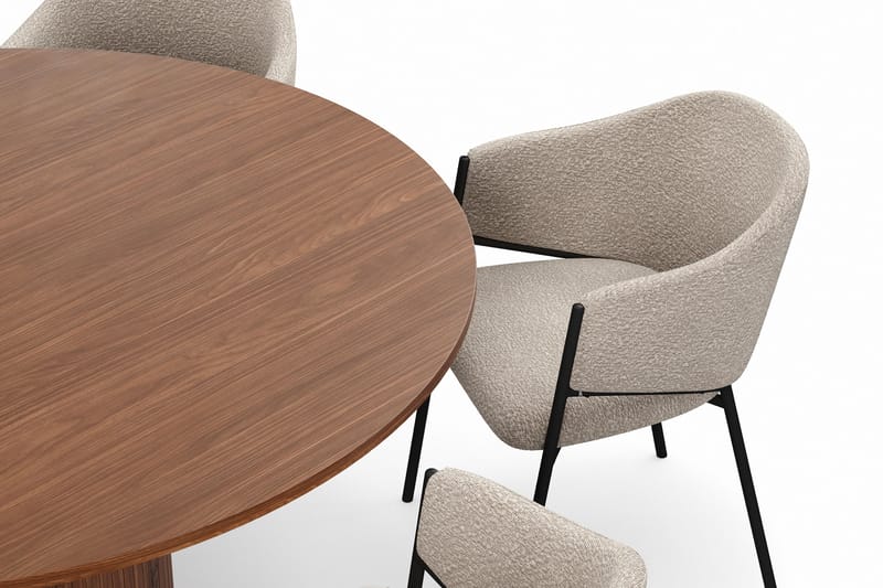Kopparbo Rundt Spisebord 150 cm med 6 Filip Spisestole - Valnød / Taupe Bouclé - Møbler - Borde - Spisebordssæt