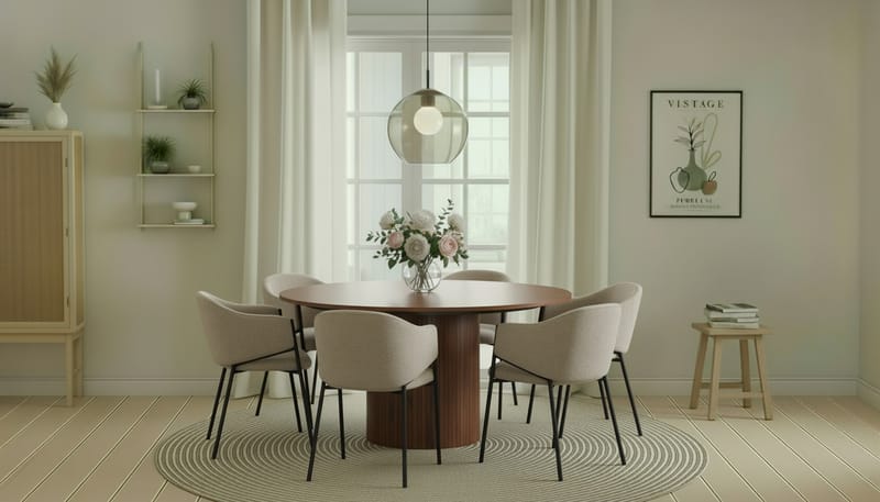 Kopparbo Rundt Spisebord 150 cm med 6 Filip Spisestole - Valnød / Taupe Bouclé - Møbler - Borde - Spisebordssæt